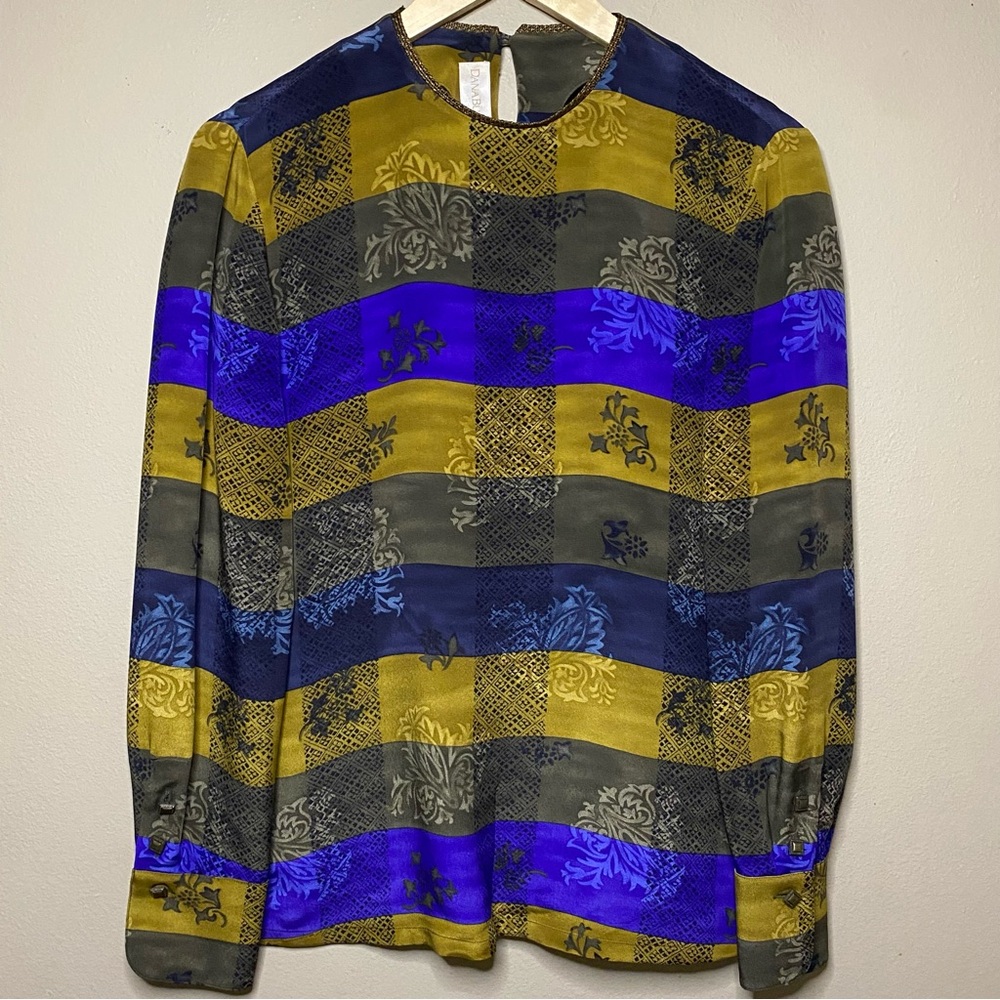 Dana Buchman Blouse Women Size 8 Green Purple Gold Silk Long Sleeve Vintage